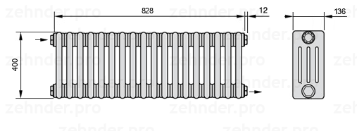 Схема (чертеж) Радиатор Zehnder Charleston 4040/18 №1670 Белый глянцевый RAL 9016